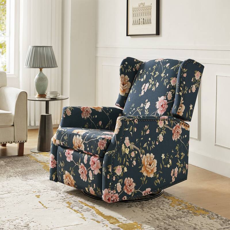 Aurora Floral Printed Wingback Swivel Rocker Recliner with Nailhead by