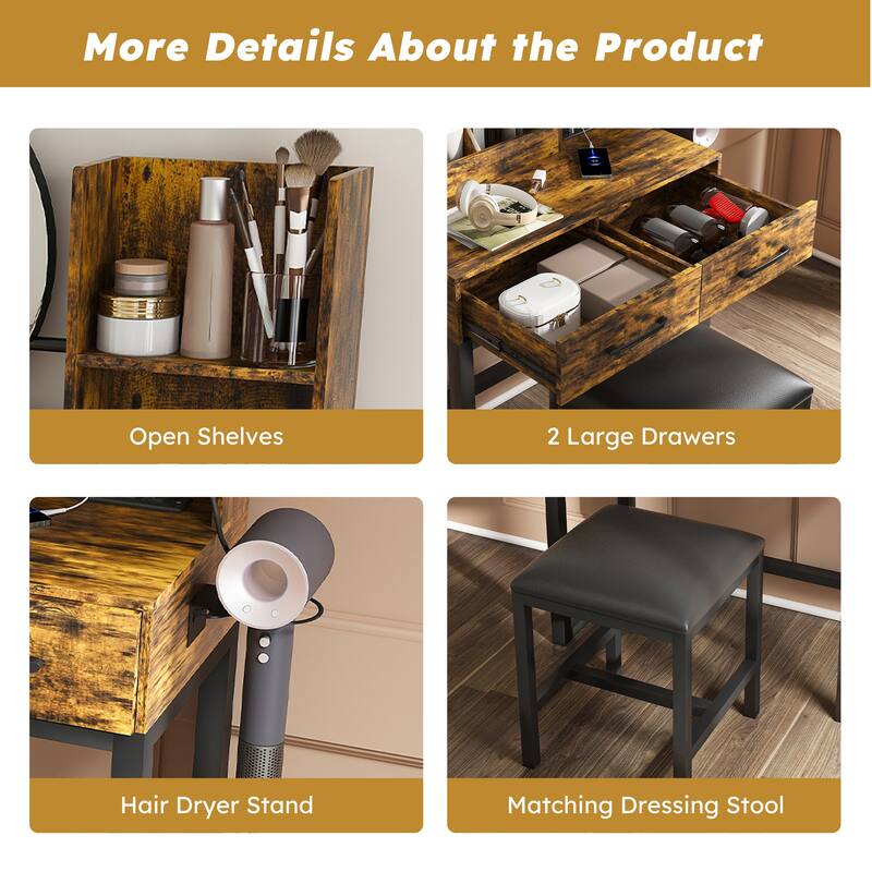 Vanity Desk with LED Mirror & Stool, Makeup Vanity Table with Power Outlet, Drawer & Open Shelves, Small Dressing Table Set