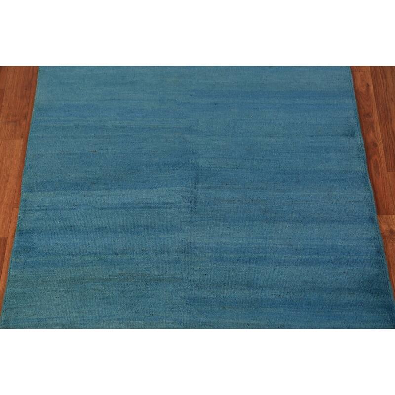Blue Striped Modern Gabbeh Oriental Rug Hand-Knotted Wool Carpet - 3'6" x 4'10"