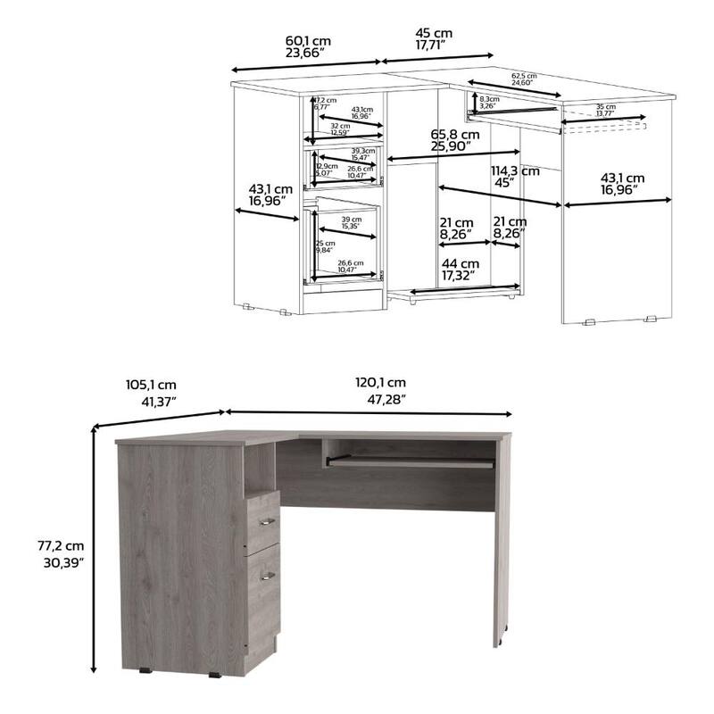 Modern L-Shaped Desk with Keyboard Tray, Two Drawers, and Open Shelf for Corner or Wall Placement