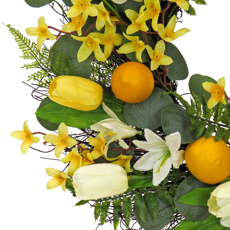 National Tree Company 24 inch Artificial Spring Wreath with Yellow Tulip Blooms, Lemons, and Forsythia Flower Blossoms - 22 in