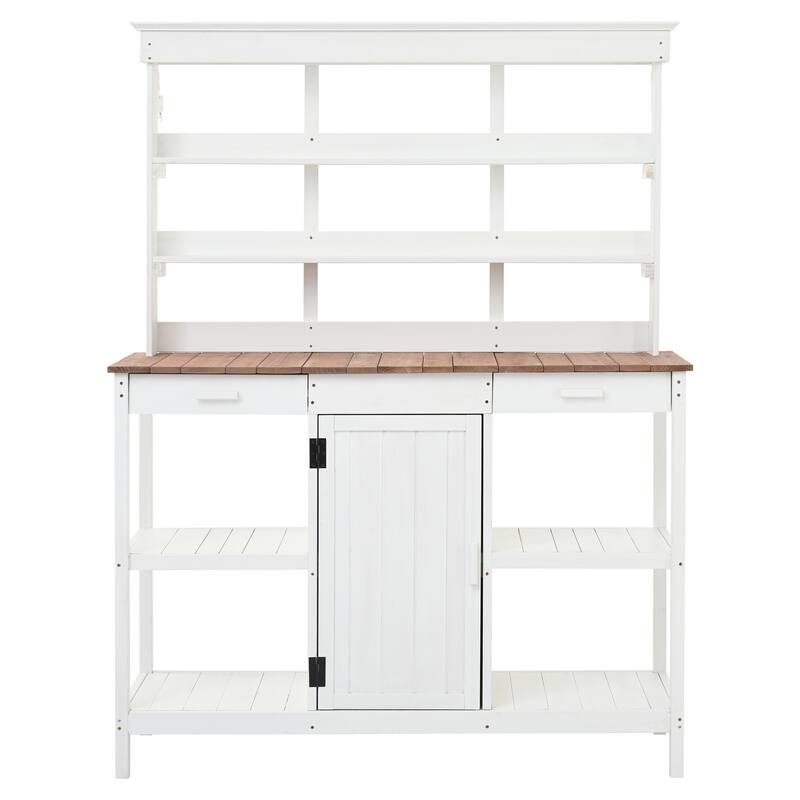Outdoor Wooden Potting Bench Table, Garden Potting Bench with Cabinet, Patio Workstation with 4 Open Shelves and 2 Drawers