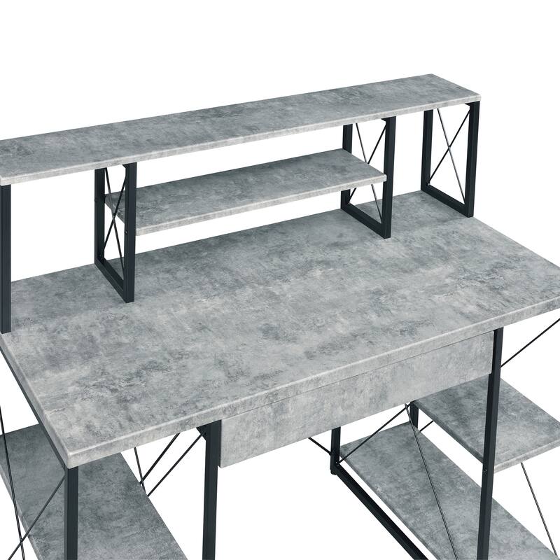 Stylish Office Desk with Hutch, 8 Open Compartments, and Drawer for Organization, Modern Writing Desk with Metal Sled Base