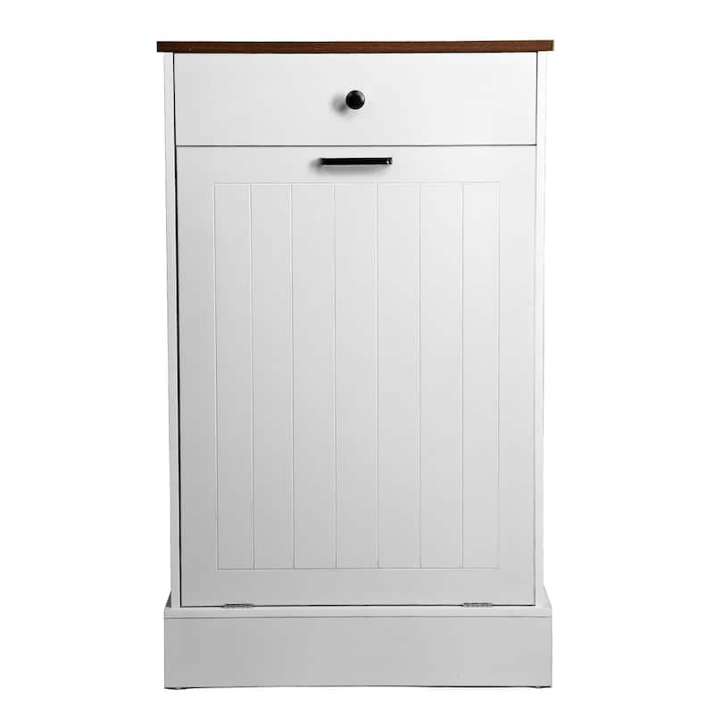 Tilt Out Trash Can Cabinet, Hidden Wooden Trash Can Cabinet with Drawer, Free Standing Garbage Cabinet, 10 Gallon Hamper Cabinet