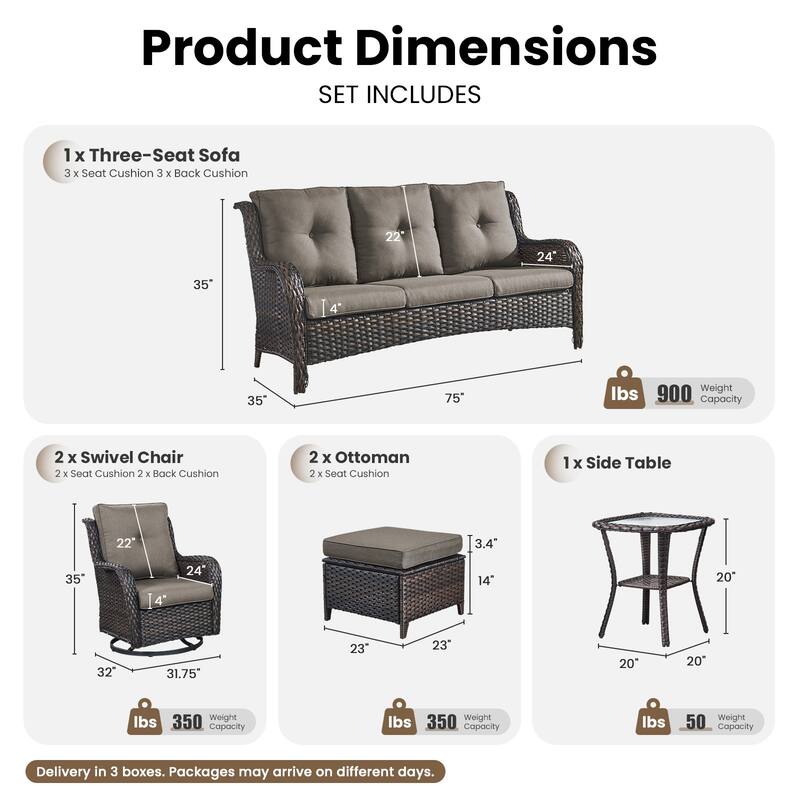 Gymojoy 6-Piece Outdoor Wicker Patio Set with Swivel Rockers, 3-Seater Sofa & Ottomans