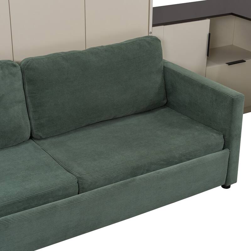 Queen Size Murphy Bed with Sofa, Space Saving Wall Bed with Desk Storage Shelves and Drawers for Home Office Pull Down Bed