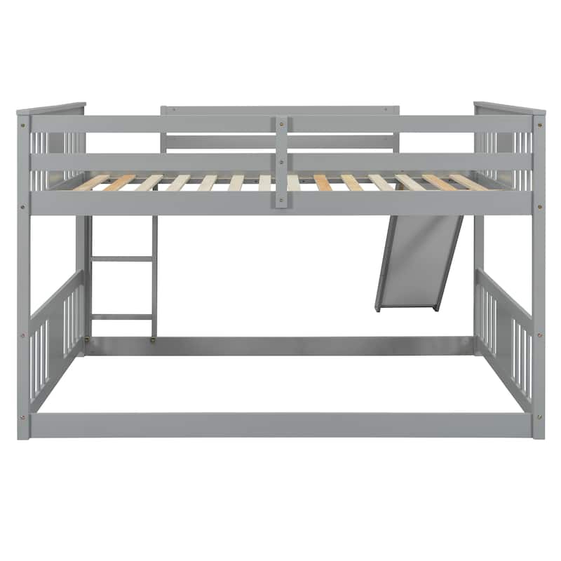 Floor Bunk Bed Full Over Full Wooden Bed Frame with Ladder and Slide