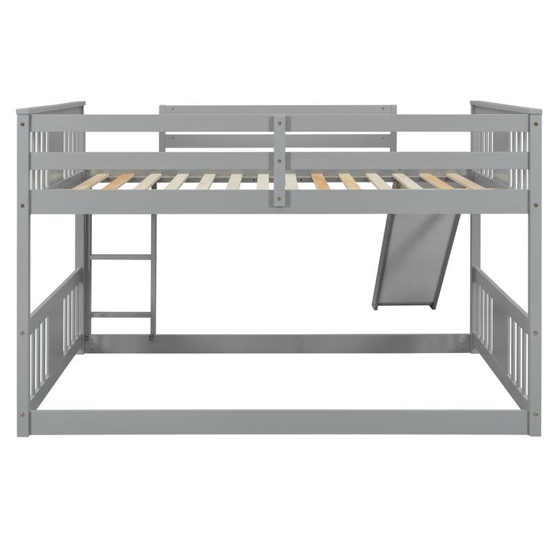 Full over Full Bunk Bed with Built-in Ladder and Slide, Wooden Full Size Floor Bunk Bed Frame