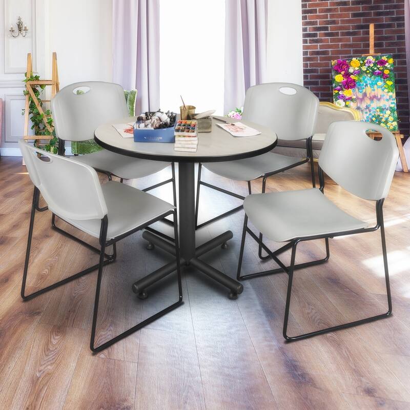 36" Round Breakroom Table- Maple & 4 Stack Chairs- Grey - 36
