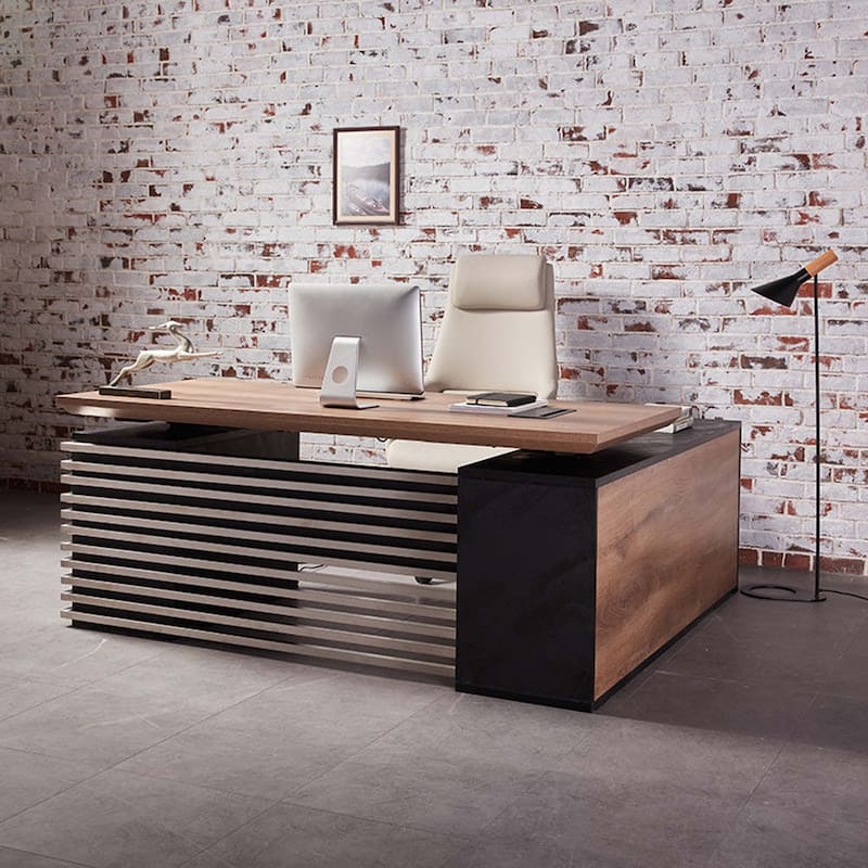 Adjustable L-Shaped Executive Desk with Outlets File Cabinets 3 Drawers Custom Size & Color