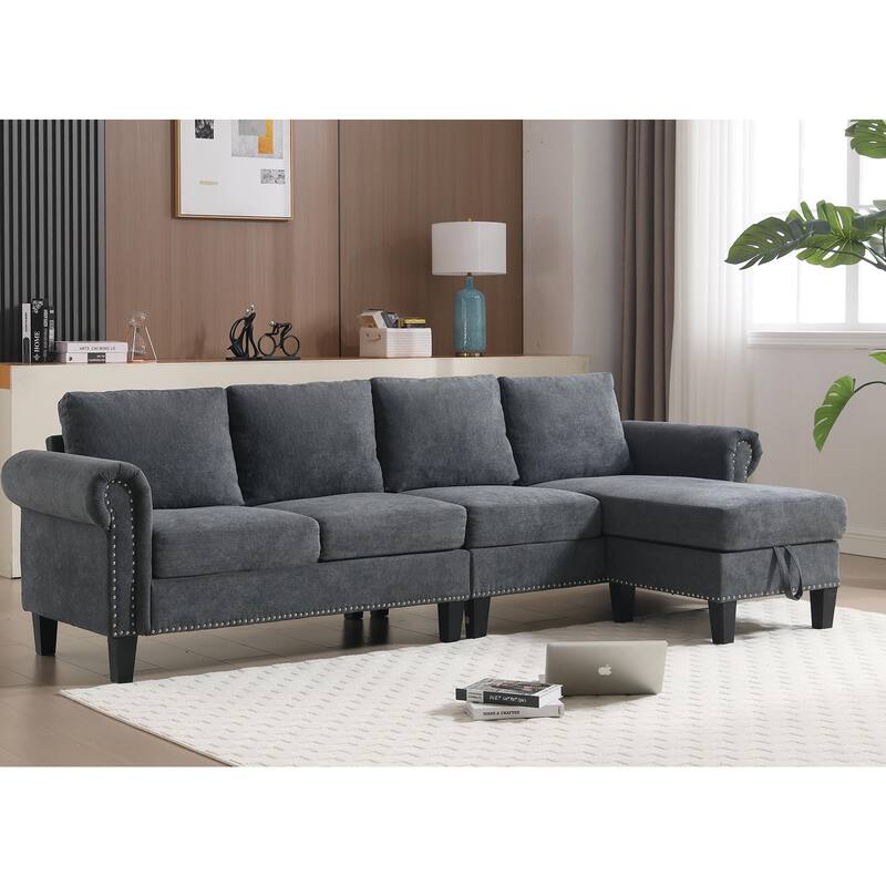 Convertible Sectional Sofa with Storage, 4 - Seater, Gray, Modern Linen Fabric