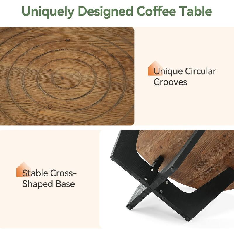 31.5" Round Solid Wood Coffee Table with Ring Groove, Living Room, Small Space, Brown & Black