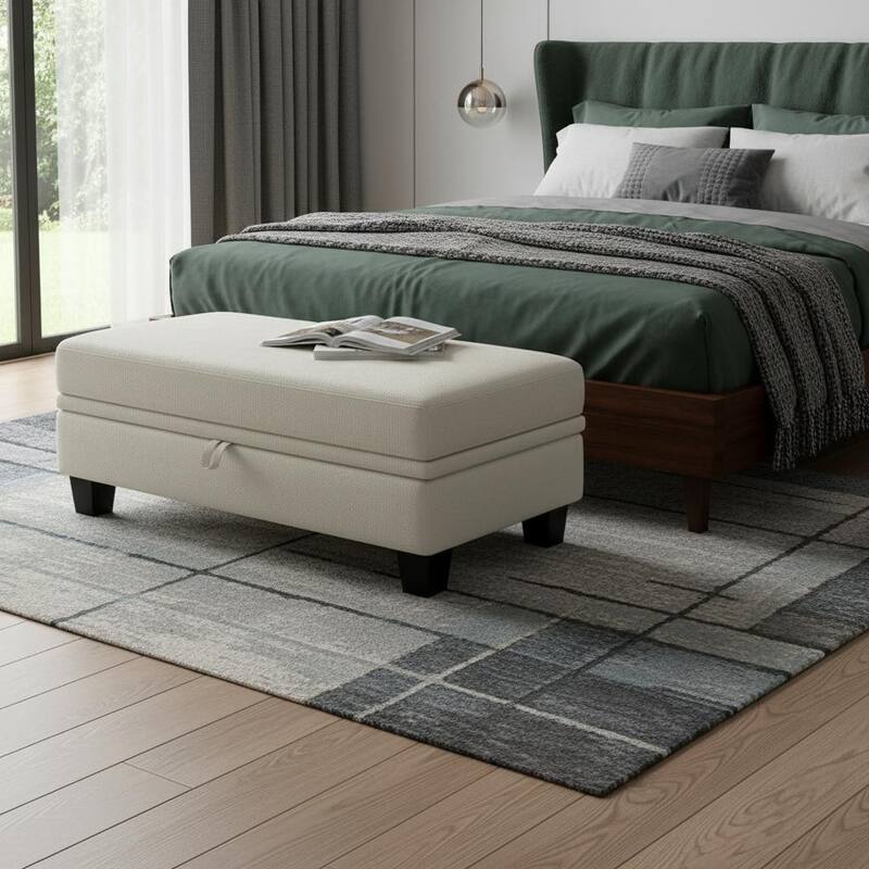 HomeRoots 46" Beige and Black Chenille Storage Ottoman - Beige - 45.90 in. x 18.90 in.  x 23.20 in.