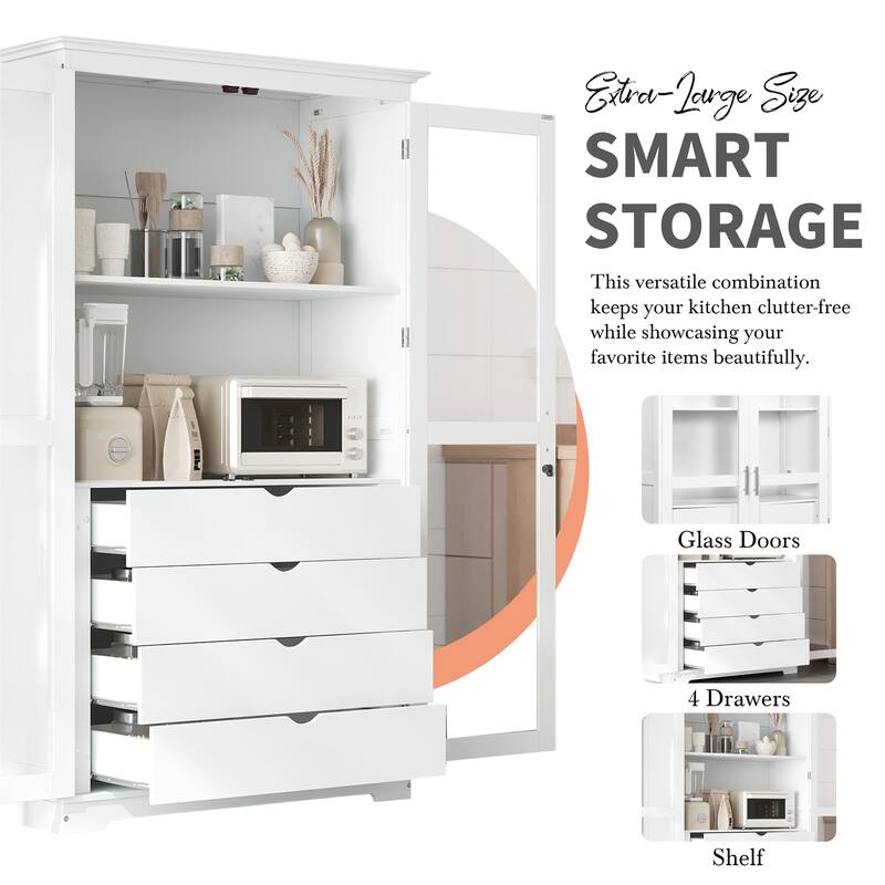Freestanding Kitchen Storage Cabinet Pantry with Glass Doors and 4 Built-in Drawer