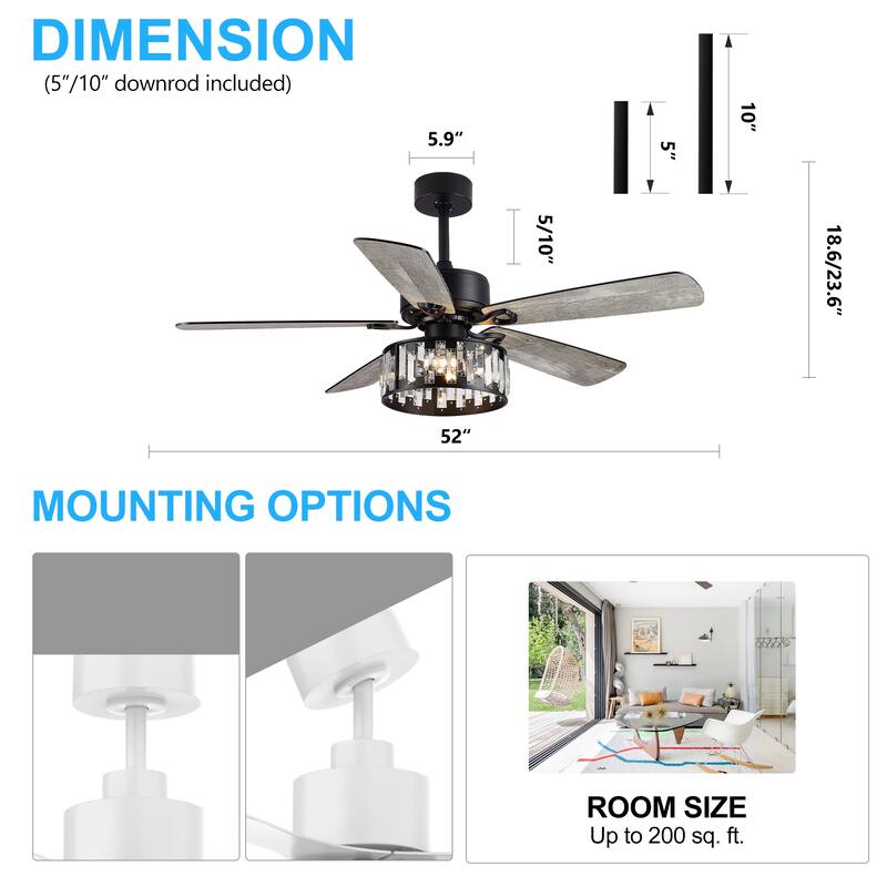 52" Black Ceiling Fan with Lights Remote Control, Farmhouse Chandelier - 52 Inch