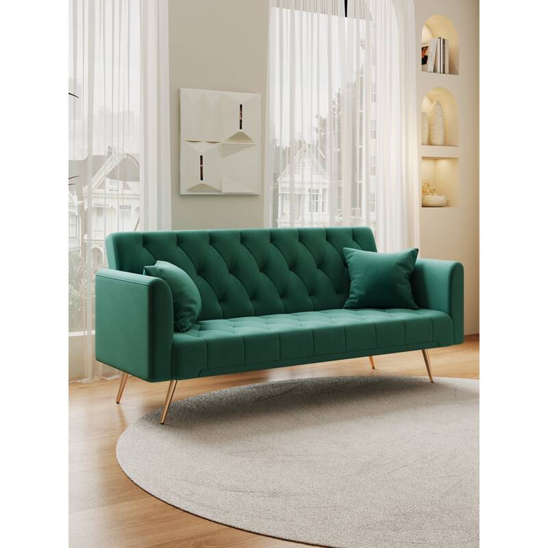 Roomfitters 71-Inch Velvet Convertible Futon Sofa Bed, Modern Loveseat Sleeper Couch with Gold Legs for Small Spaces