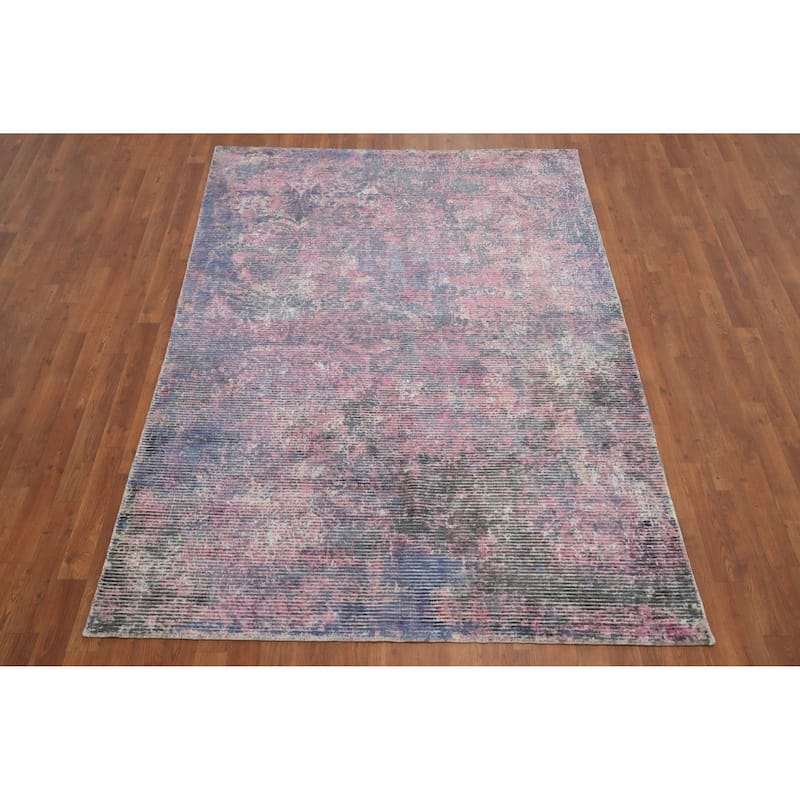 Hand Knotted Oriental Viscose Silk Carpet Modern Abstract Pink Abstract Area Rug - 7' 6'' X 5' 5''