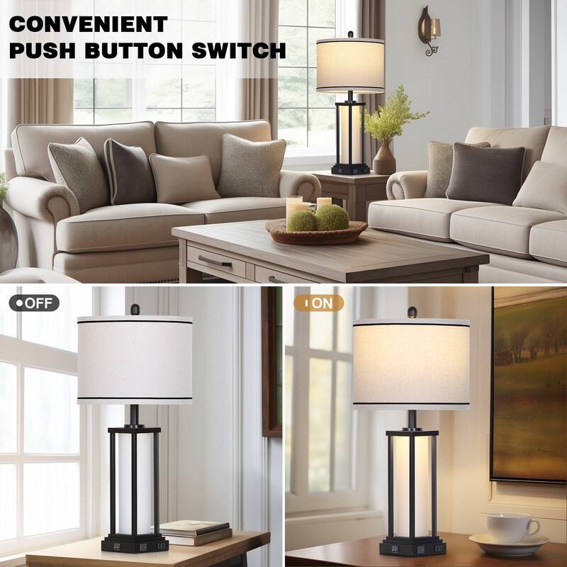 27'' Industrial Table Lamp with USB-C & AC Outlet, Dual Lighting, Black Metal & Glass Frame(Set of 2) - 12.5'' x 12.5'' x 27''
