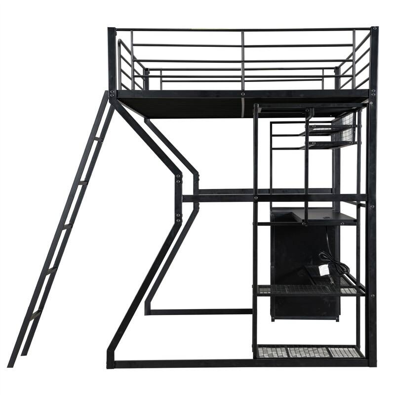Full Size Gaming Loft Bed with Built-in Work Station, Open Wardrobe and LED Light, Metal Loft Bedframe with Storage Shelves