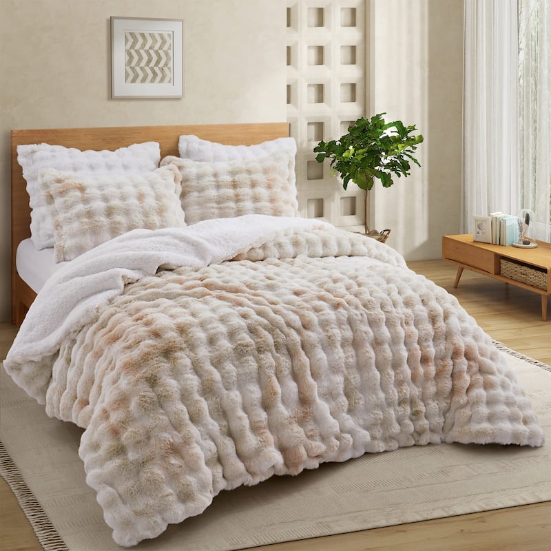 3 Pieces Fluffy Faux Rabbit Fur Comforter Set, Plush Fuzzy Bedding Set for Winter