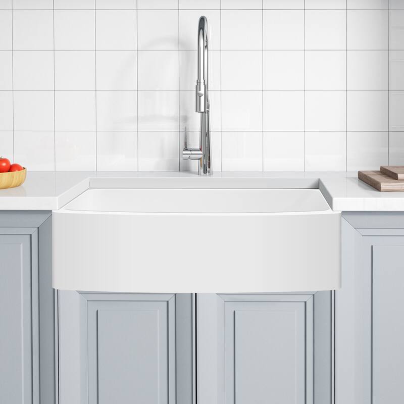 ANZZI Mesa Matte White Solid Surface Farmhouse 33 in. Single Bowl Kitchen Sink with Strainer