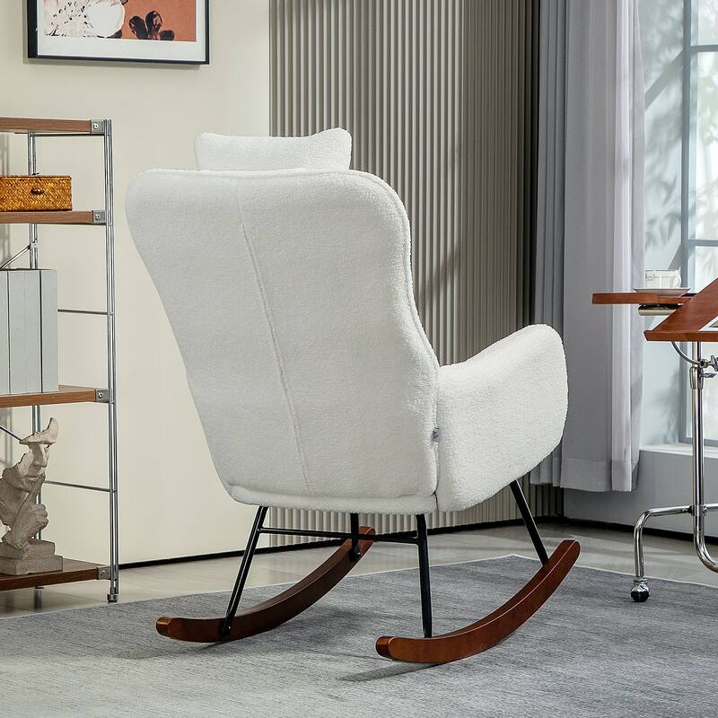 Modern Teddy Fleece Cushion Rocking Chair with High-Density Foam Headrest and Lumbar Support - 26.8" W x 36.6" D x 43.3" H