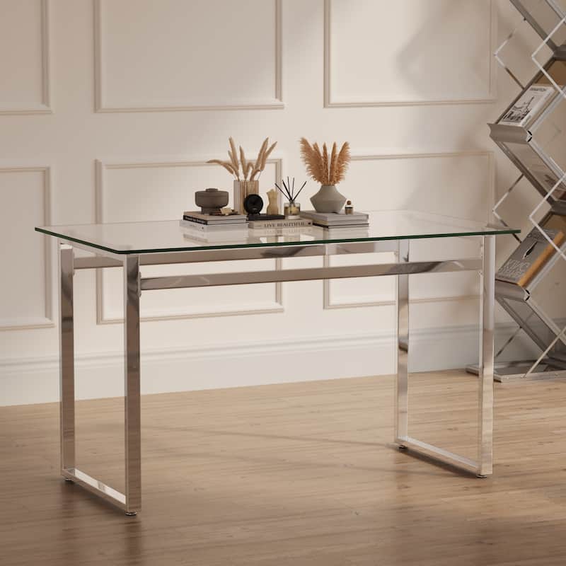 Modern Minimalist Rectangular Glass Dining Table with 0.31" Tempered Glass Tabletop and Silver Chrome Metal Legs
