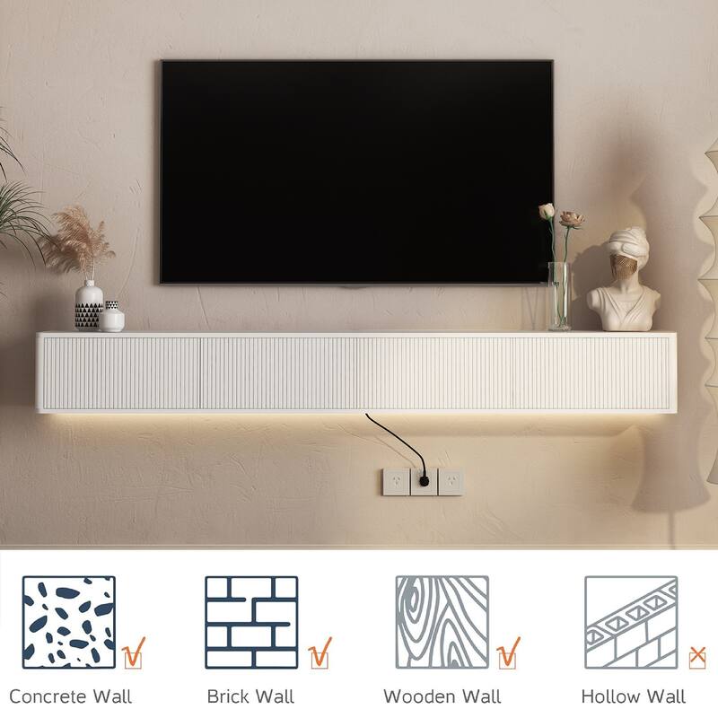 Wall Mounted Entertainment Shelf for Living Room, High Gloss Floating TV Stand with LED Lights & Power Outlet