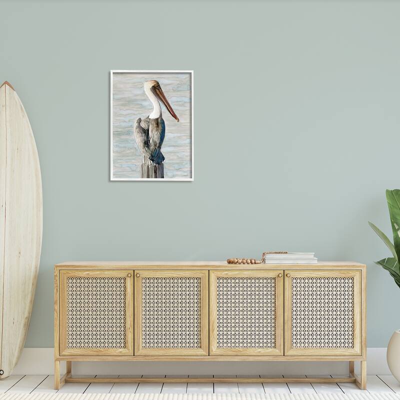 Stupell Long Beak Pelican Watercolor Painting Coastal Waterfowl Bird Framed Wall Art - Blue