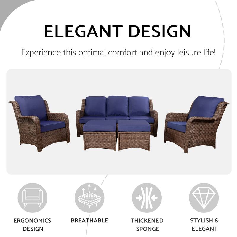 5 Piece Rattan Outdoor Patio Conversation Set, All Weather Hand Woven Wicker Sectional Sofa Set with Removable Cushions