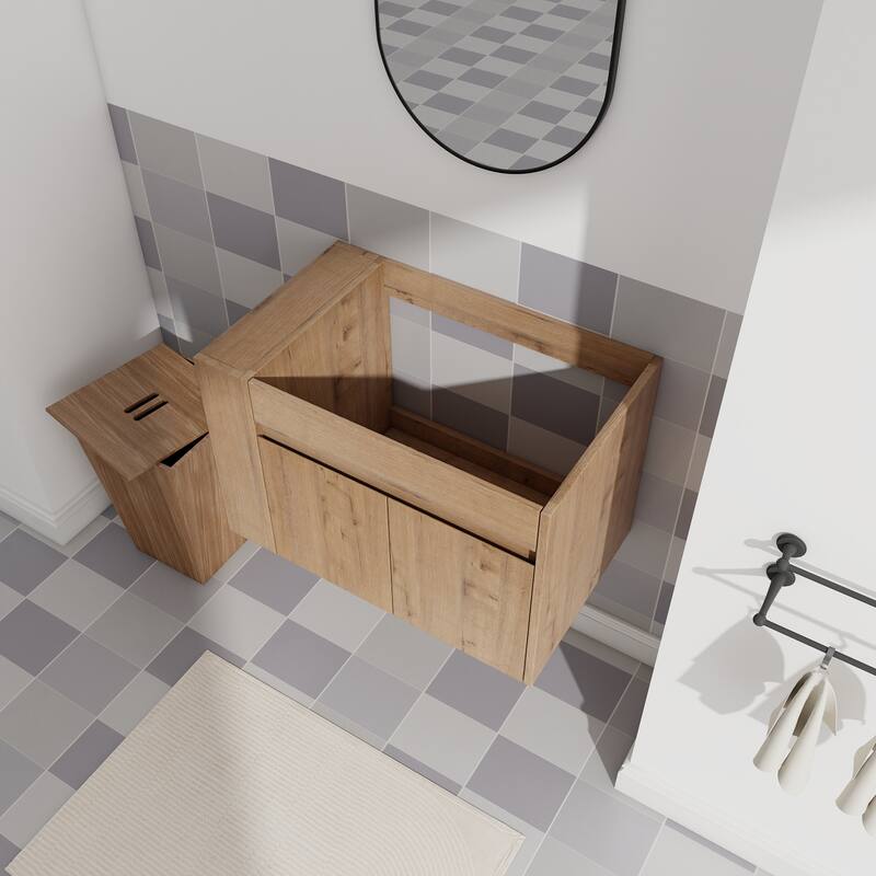 Compact Wall-Mounted Bathroom Vanity with Adjustable Open Shelf, 45° Inclined Handle Design - 29.13in L Plywood