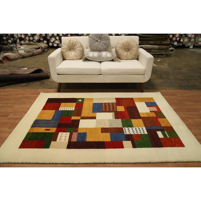 Hand Knotted Oriental 100% Wool Carpet Modern Geometric Multi-Colored Gabbeh Area Rug - 6' 7'' X 4' 9''