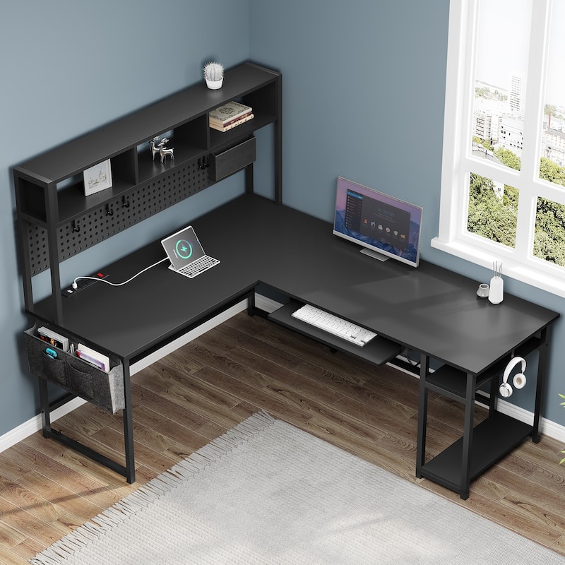 L Shaped Gaming Desk Computer Desk Corner Desk Pegboard Power Outlet