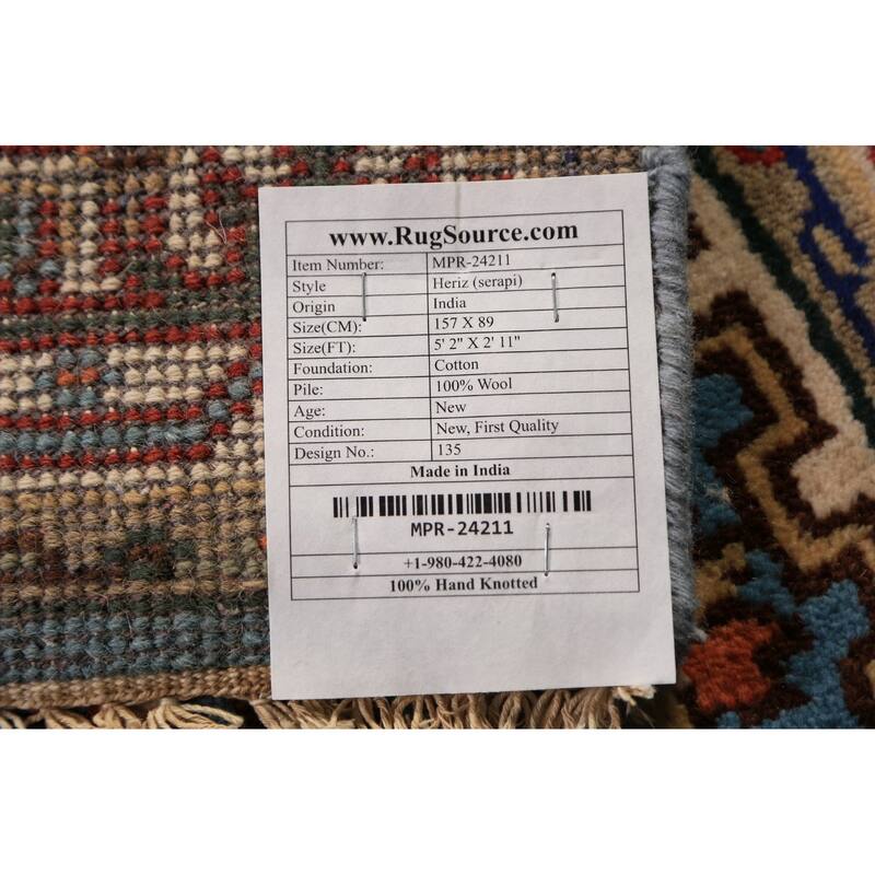 Light Blue Heriz Serapi Indian Rug Hand-Knotted Wool Carpet - 2'11"x 5'2"
