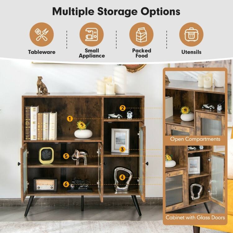 Buffet Kitchen Storage Cupboard with Glass Door and Adjustable Shelves-Rustic Brown - 39.5" x 15.5" x 39.5" (L x W x H)