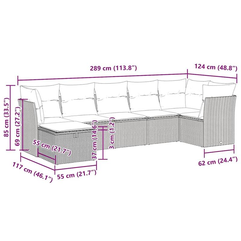 vidaXL 7 Piece Patio Sofa Set with Cushions Black Poly Rattan - 21.7 x 24.4 x 27.2