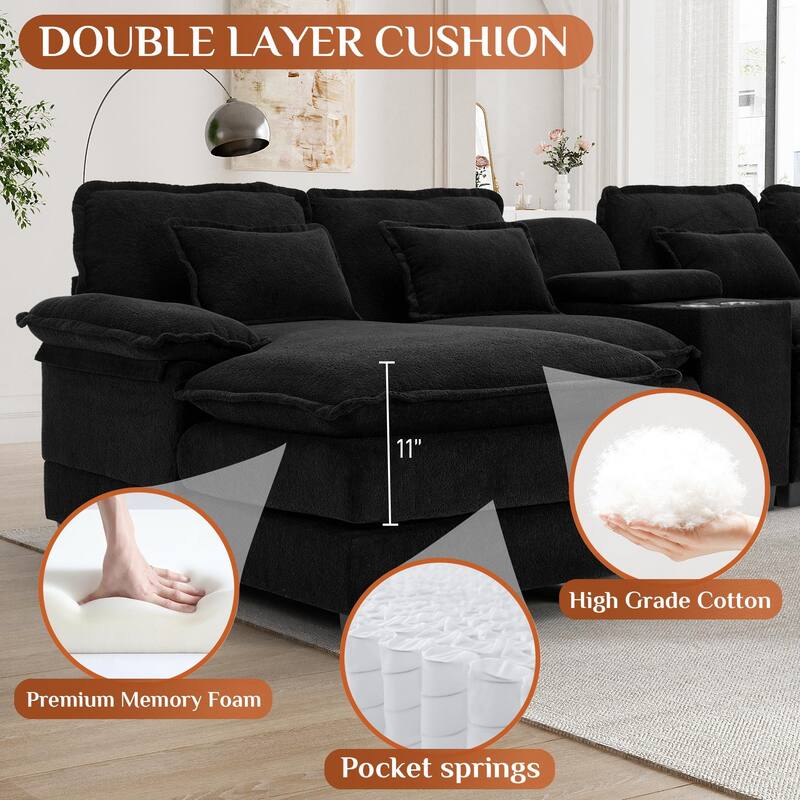 U-shaped Sectional Sofa Chenille Fabric Doudle Layer Cushion with USB Central Console