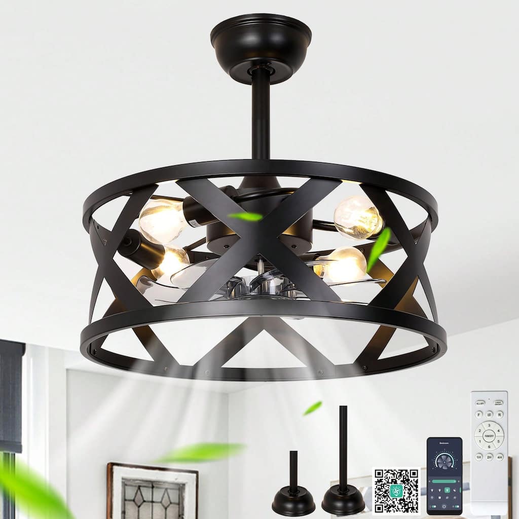 Cusp Barn 20" Farmhouse Caged Ceiling Fan with Lights and Remote, Industrial Black Fandelier, 6-speed Quiet DC Motor Ceiling Fan