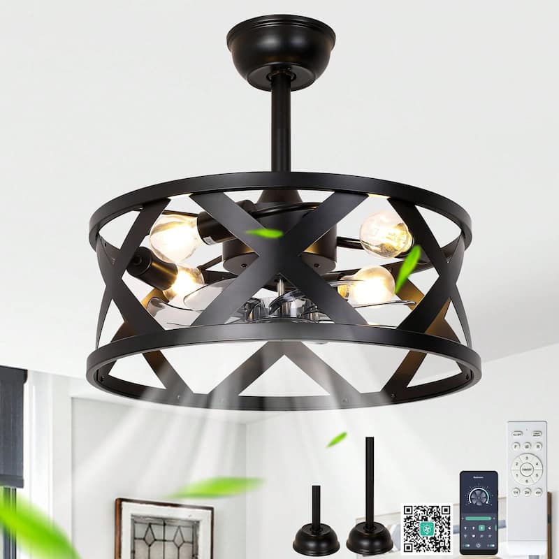 Cusp Barn 20" Farmhouse Caged Ceiling Fan with Lights and Remote, Industrial Black Fandelier, 6-speed Quiet DC Motor Ceiling Fan - Black