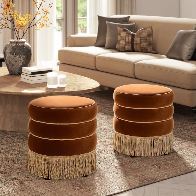 Edward 17.5" Round Upholstered Ottoman with Gold Bullion Fringe