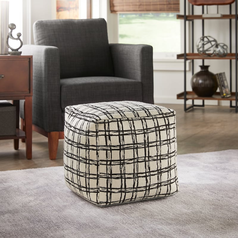 Brunico Upholstered Square Pouf Ottoman by iNSPIRE Q Bold - Ivory & Black Plaid Pattern Fabric