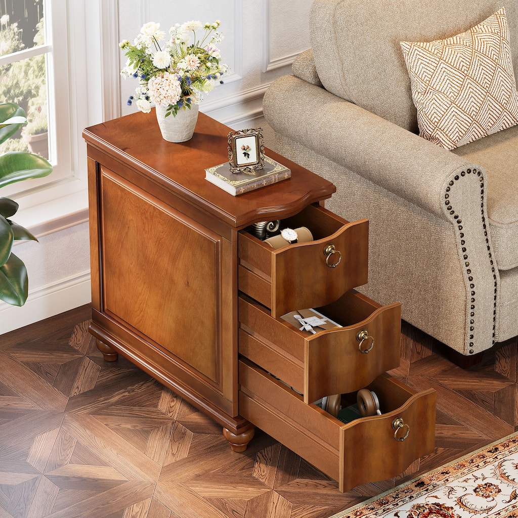 Wood Side Table with 3 Drawers, Fully Assembled Narrow End Table, Nightstand for Bedroom Living Room
