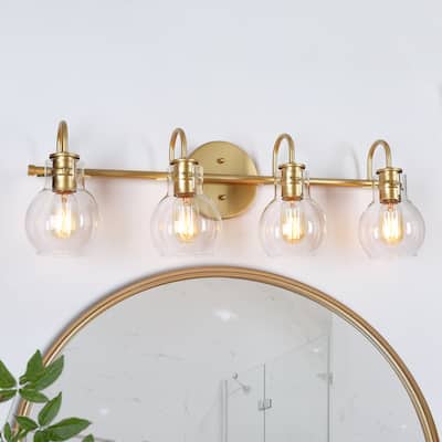 Modern Glam Gold 4-Light Bathroom Vanity Light Globe Wall Sconces with Glass Shade - L 28.3"* W 6.3" * H 8.7"