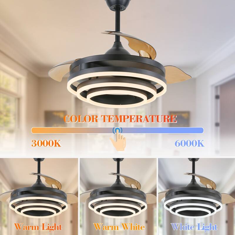 Bella Depot 42" Modern Retractable DIY Shape Ceiling Fan with Remote, 6-Speed Reversible Ceiling Fan with LED Light