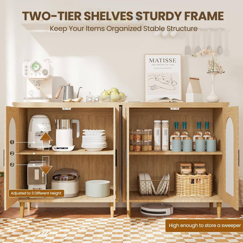 Sideboard Buffet Kitchen Storage Cabinet with Rattan, Solid Wood Feet for Living Room