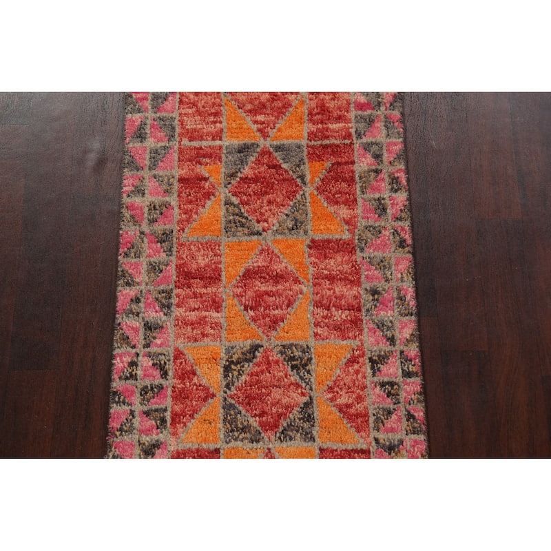 Geometric Moroccan Oriental Runner Rug Wool Handmade Staircase Carpet - 2'8" x 12'7"
