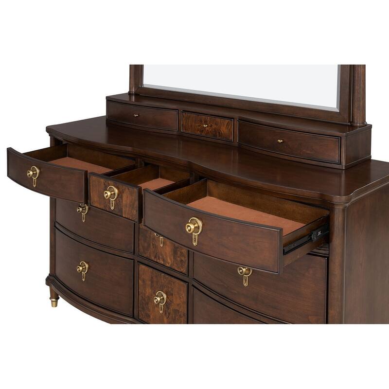 Modern Dark Cherry Finish 4 Piece Bedroom Furniture Set with LED Bed Dresser Mirror Nightstand