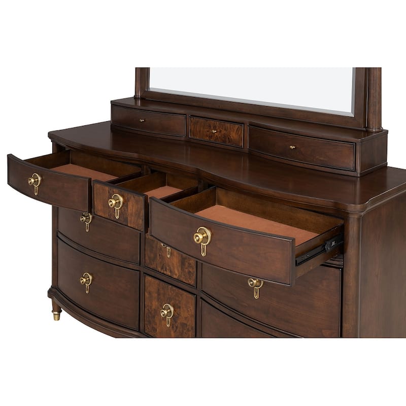 Transitional Dark Cherry Finish Bedroom Set with LED Bed Dresser Mirror Nightstand Chest