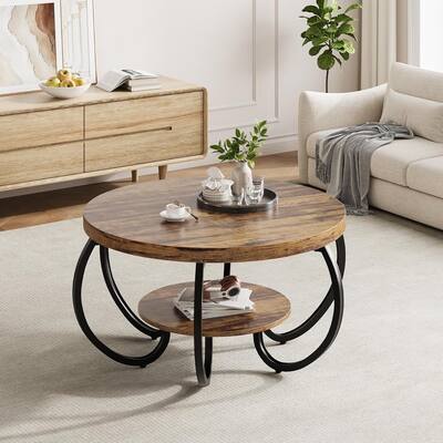 30 Inch 2 Tier Rustic Coffee Table with Storage Shelf for Small Spaces Apartments Office - N/A