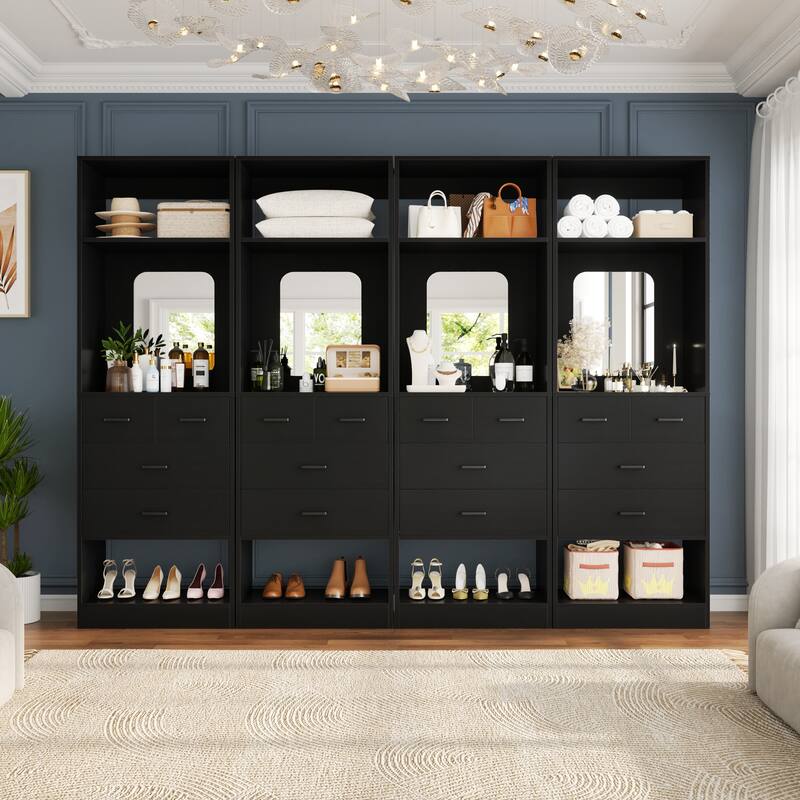 Cimly 25''W Closet Organizer with Mirror and Drawers, Freestanding Closet System for Walk-in/ Reach-in Closet - Black - Set of 4